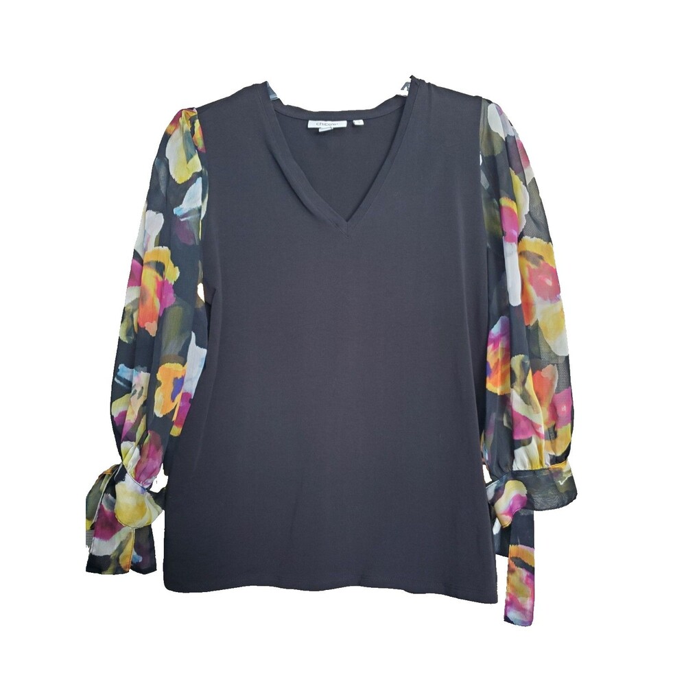 Chico's Black Mixed Media Contrast Tie-Sleeve V-Neck Top Size 1 Medium